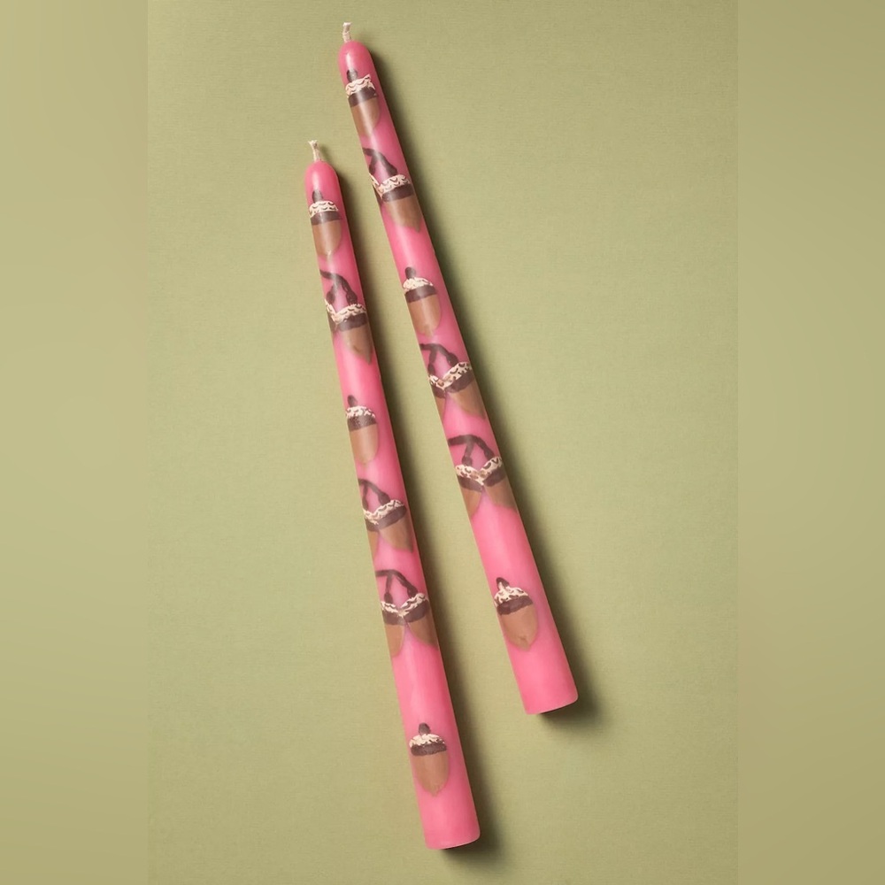 Anthropologie Forage Fall Icon Taper Candles Set of 2 Autumn Acorn Pink NWT